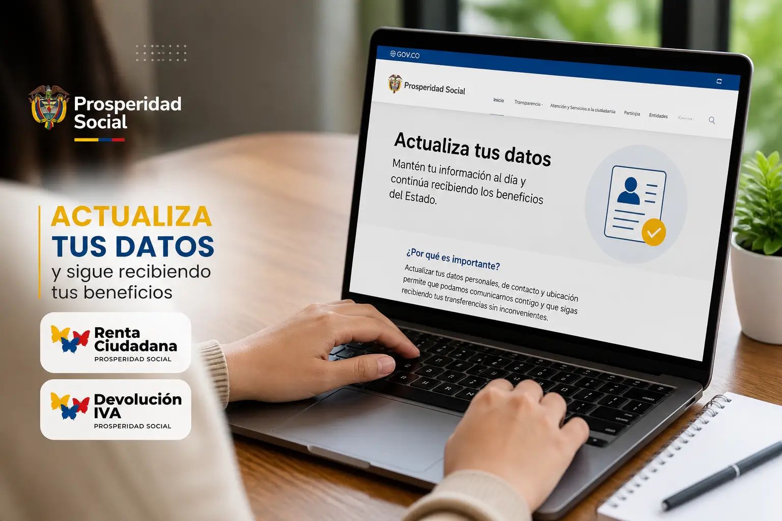 Usuário em laptop acessando página Prosperidade Social