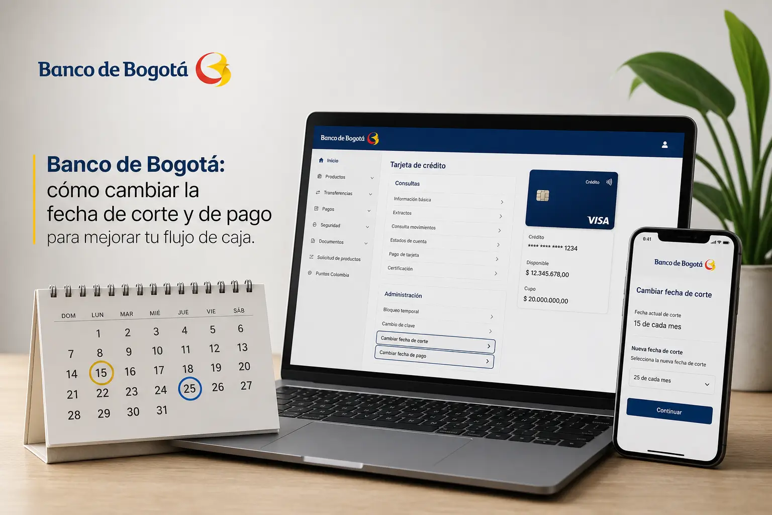Banco de Bogotá, portátil y smartphone para cambiar fecha de tarjeta de crédito