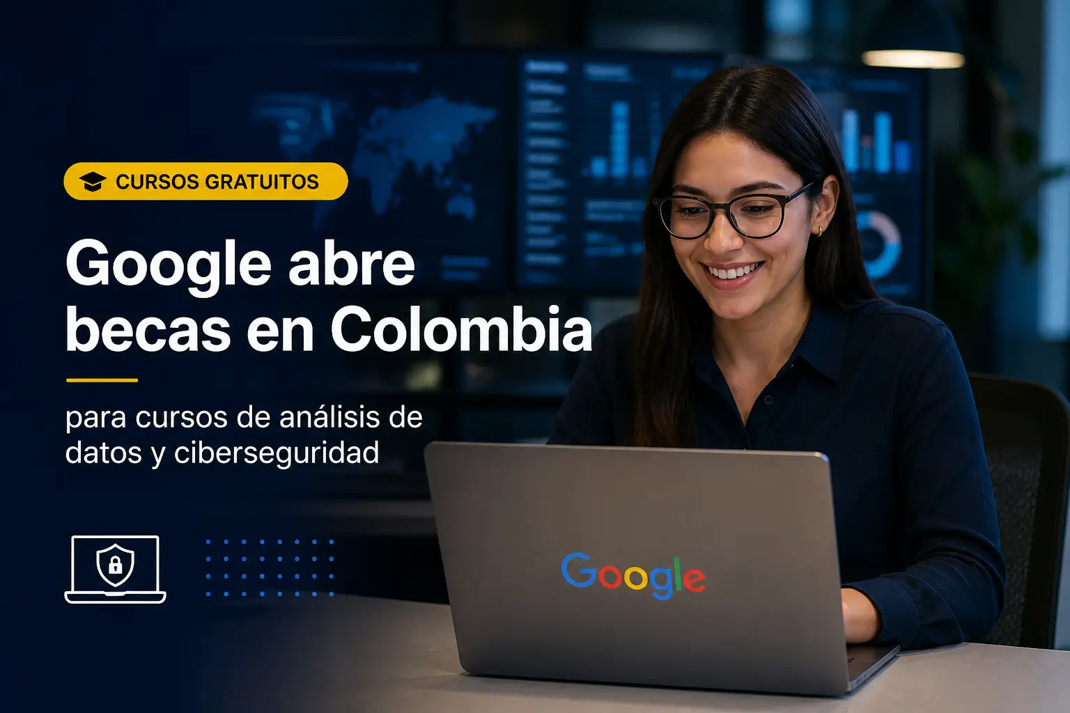 Mulher sorridente com óculos no Google oferecendo cursos