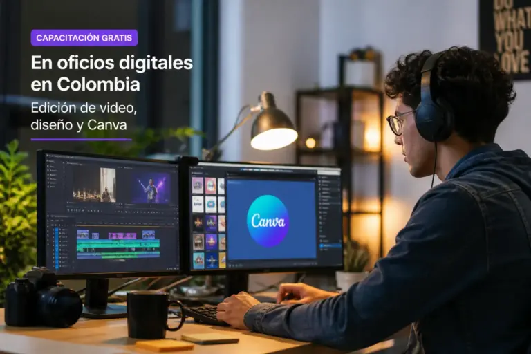 Homem usando Canva no computador para design e edição de vídeo
