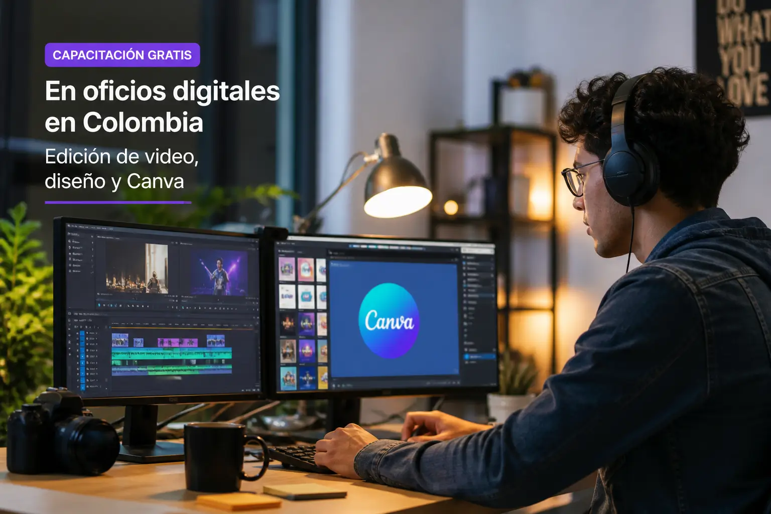 Homem usando Canva no computador para design e edição de vídeo