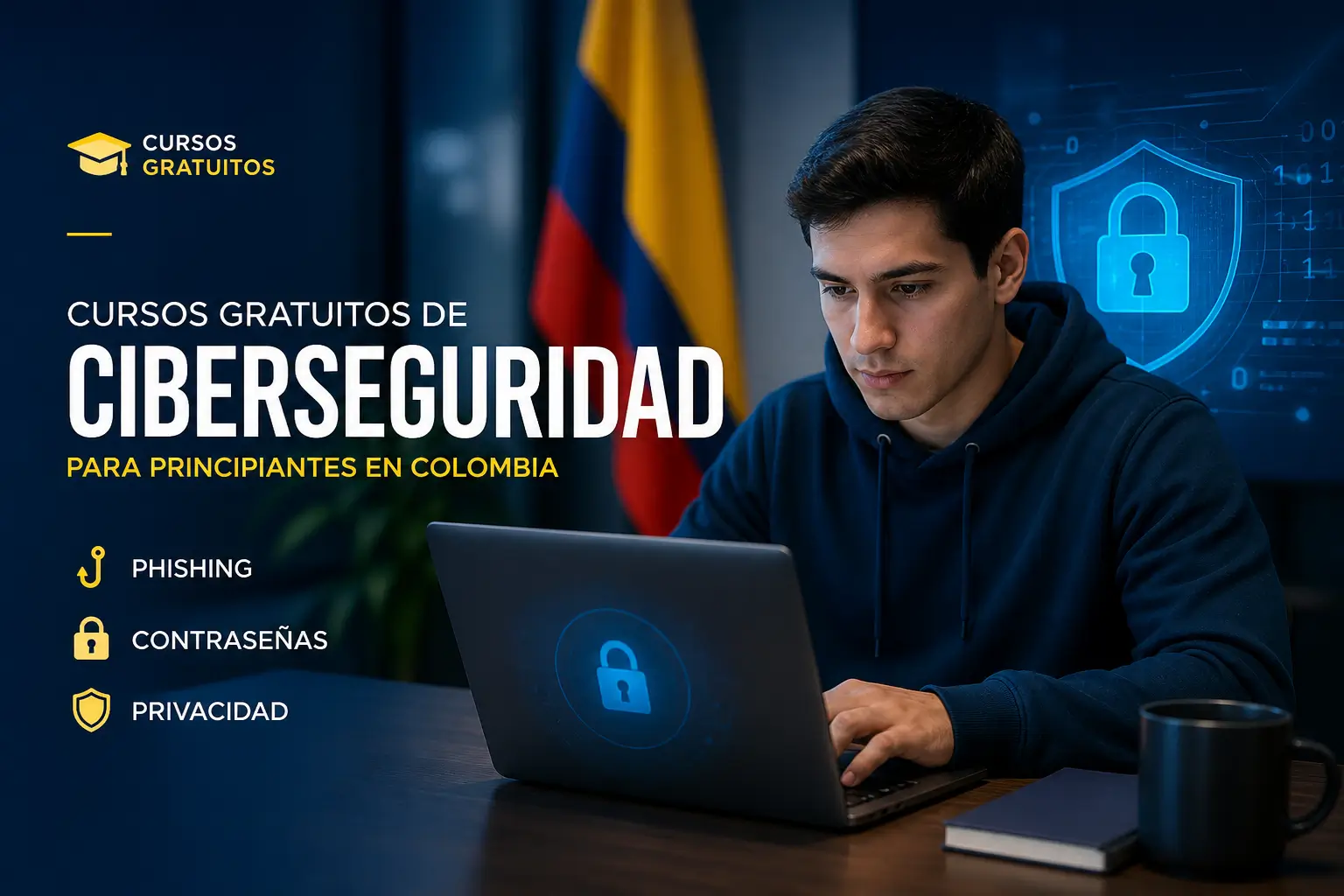 Jovem usando laptop para cursos de cibersegurança