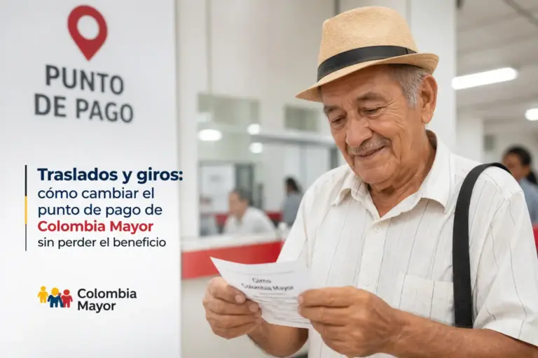 Homem idoso com recibo no Ponto de Pago Colombia Mayor