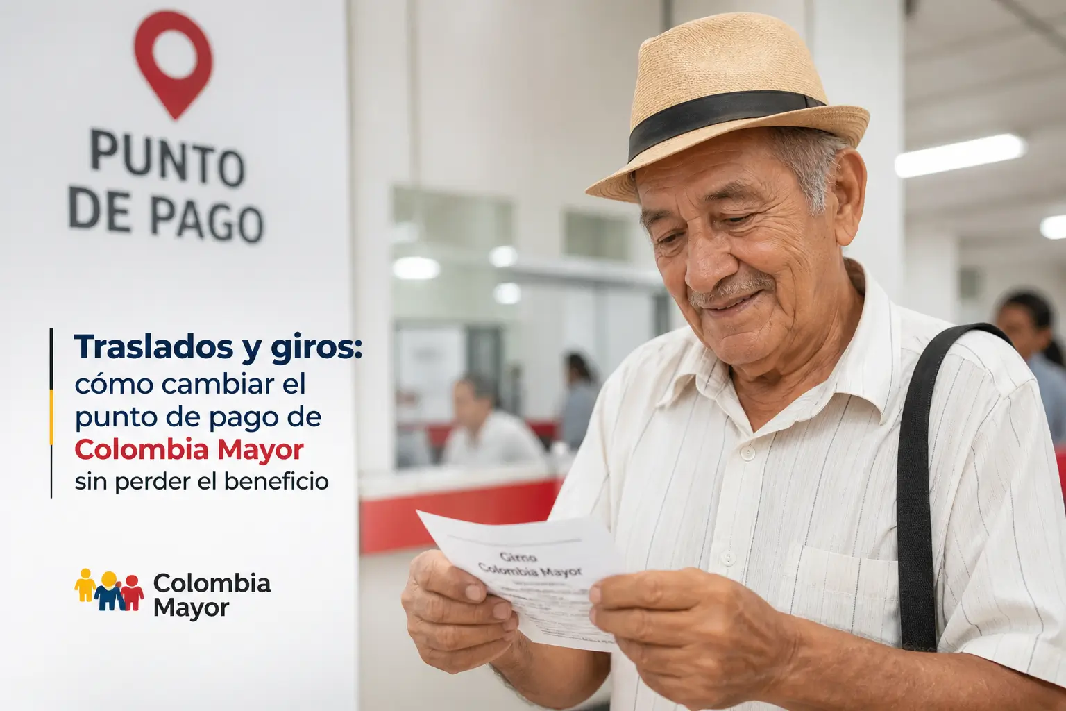 Homem idoso com recibo no Ponto de Pago Colombia Mayor
