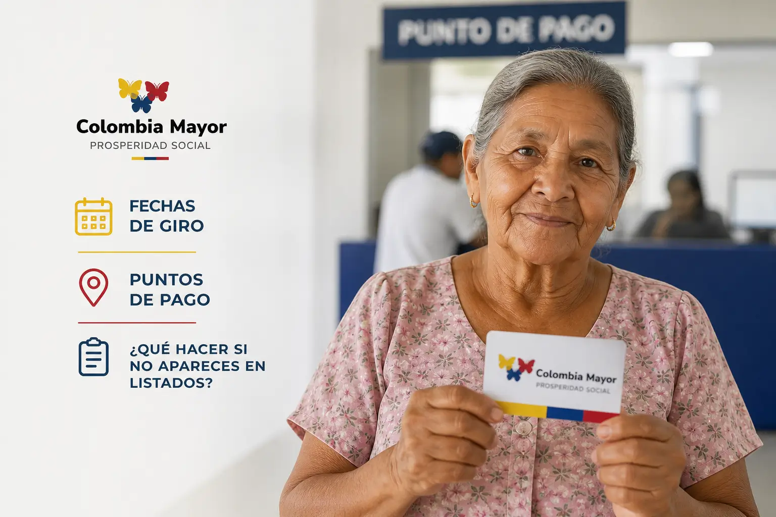Senhora idosa segura cartão 'Colombia Mayor – Prosperidad Social' em escritório moderno