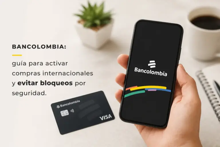 Smartphone com logo do Bancolombia e cartão VISA na mesa
