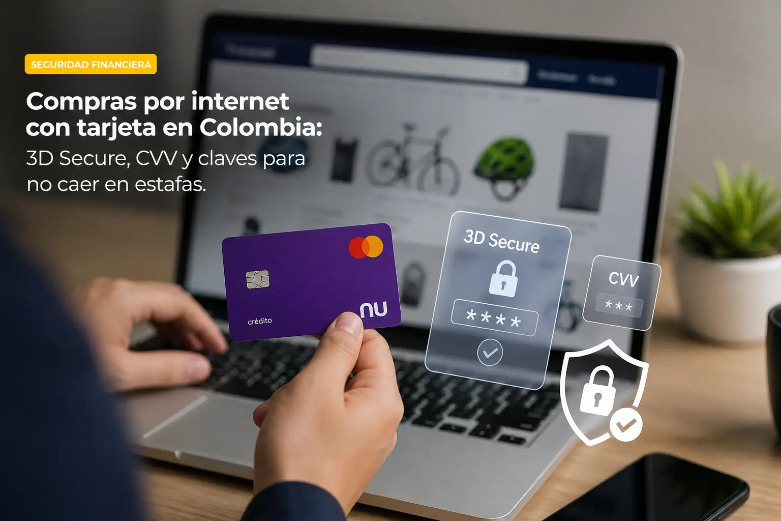 Homem com cartão de crédito e portatil, segurança financeira