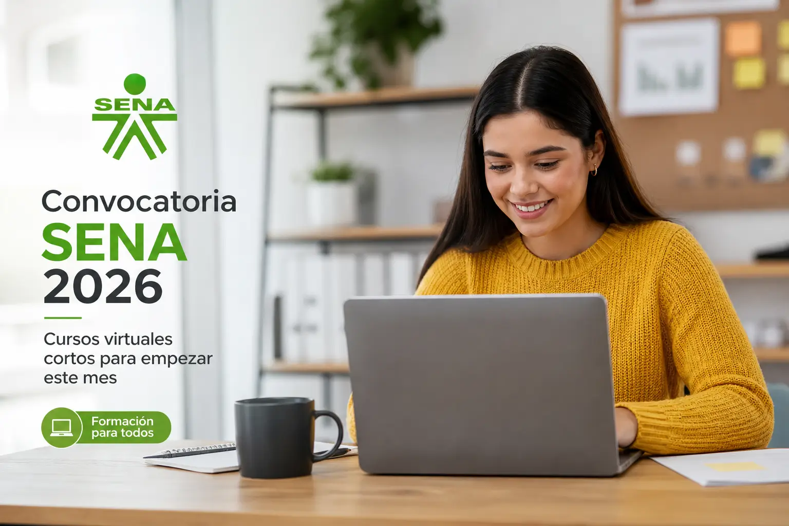Jovem mulher usa laptop para cursos SENA 2026 logo verde-preto