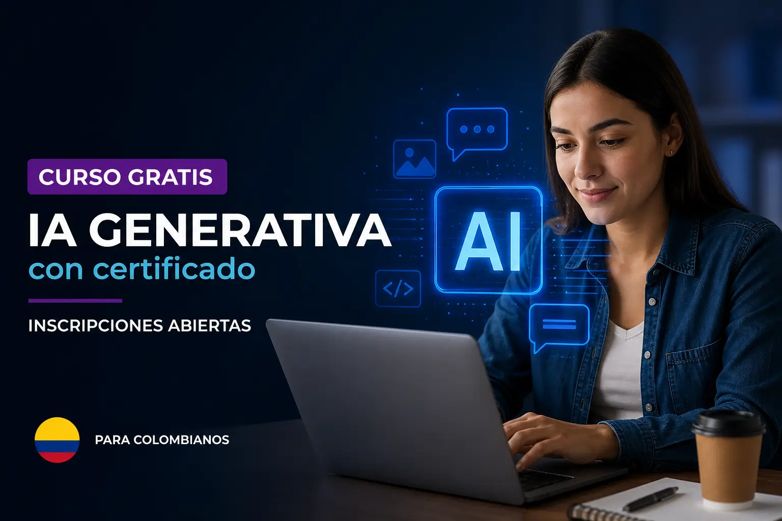 Mulher colombiana usando laptop em banner de curso grátis de IA