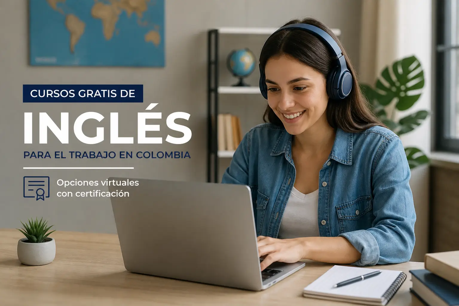 Mulher jovem ouvindo música em laptop com texto sobre cursos
