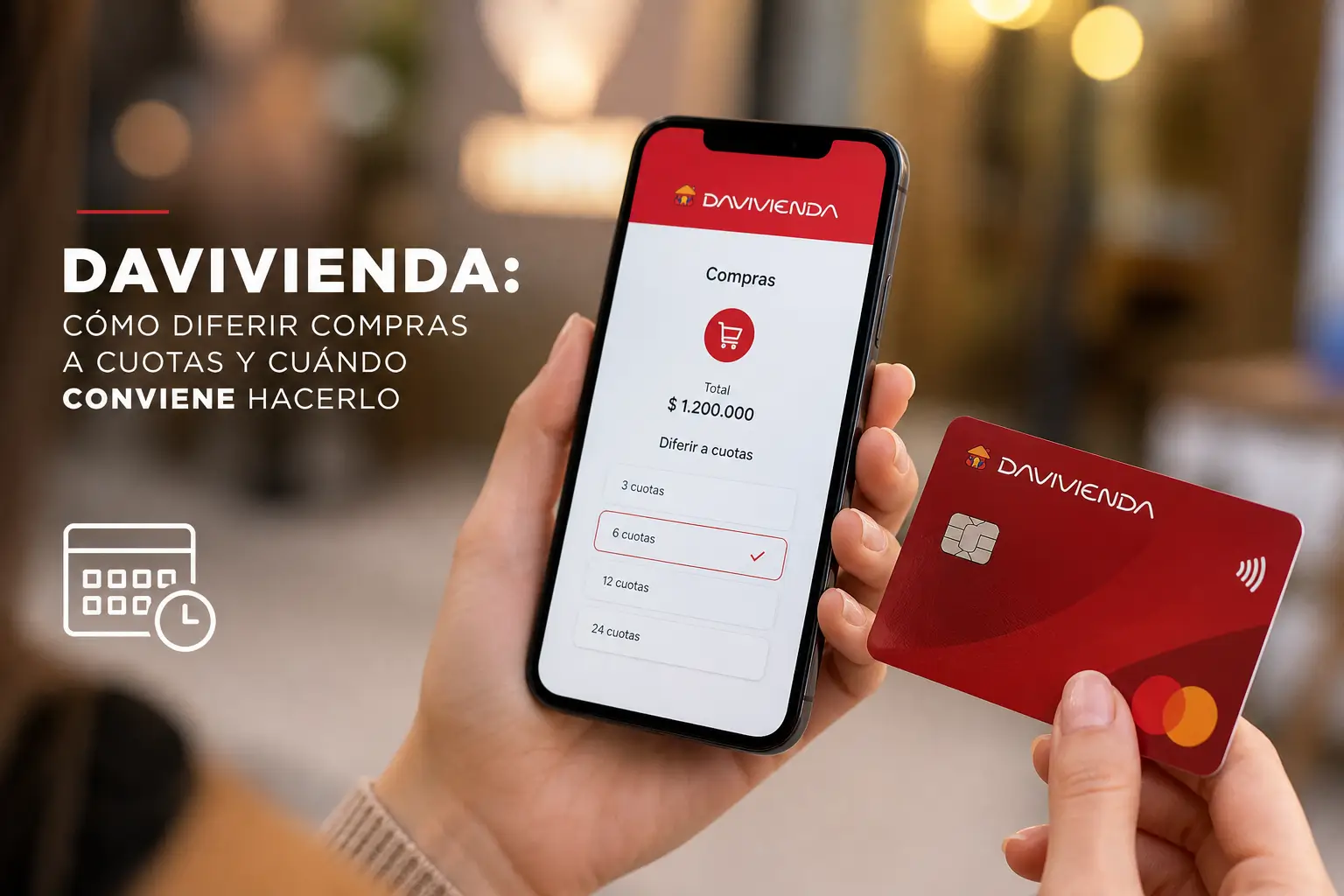 Pessoa com app DAVIVIENDA em celular e cartão vermelho DAVIVIENDA