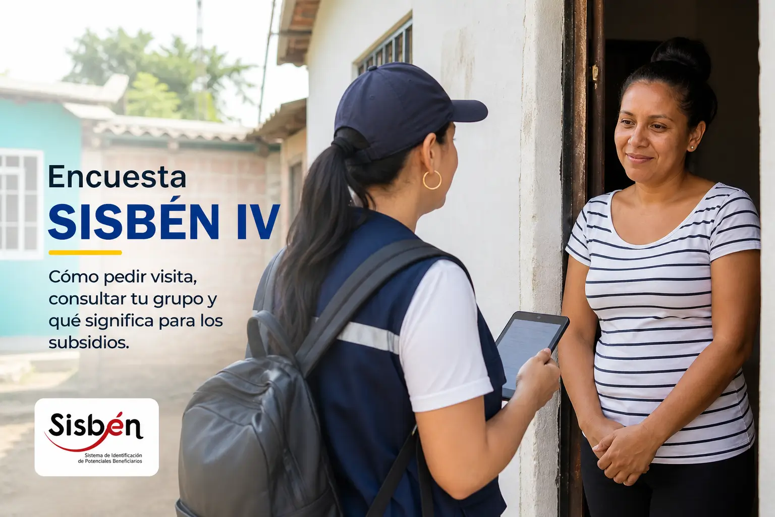 Assistente social com mulher discutindo Sisbén IV na porta