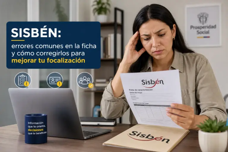 Mulher preocupada com ficha do SISBÉN e laptop em casa