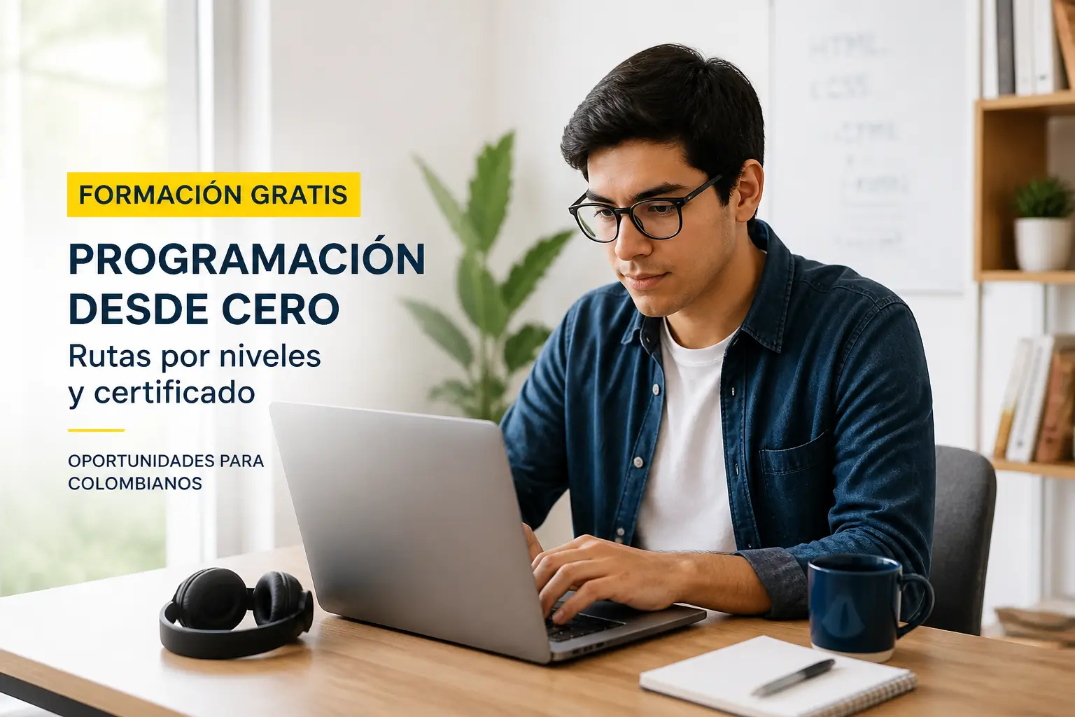 Jovem com óculos trabalha em laptop sob texto 'Formação Gratis'.