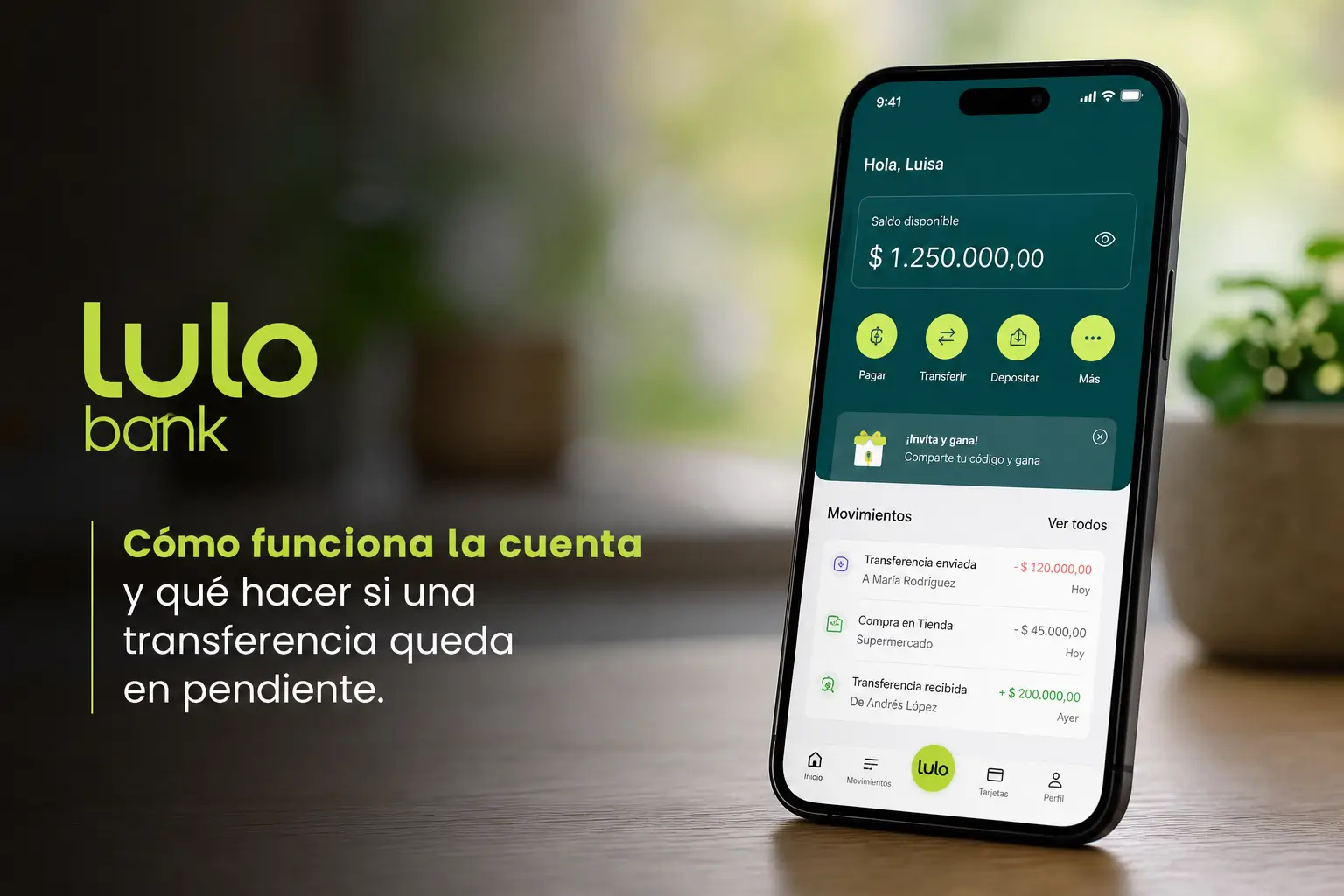 Tela do app Lulo Bank em espanhol com saldo de $1.250.000,00