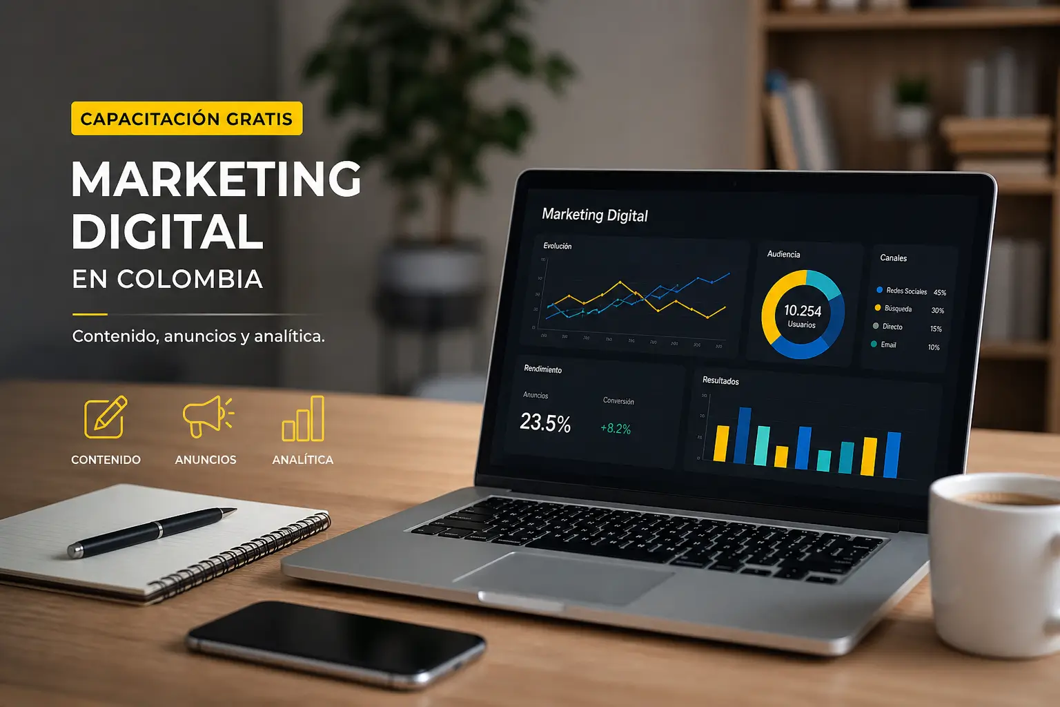 Escritório com laptop mostrando 'Marketing Digital', gráficos e promoção educativa