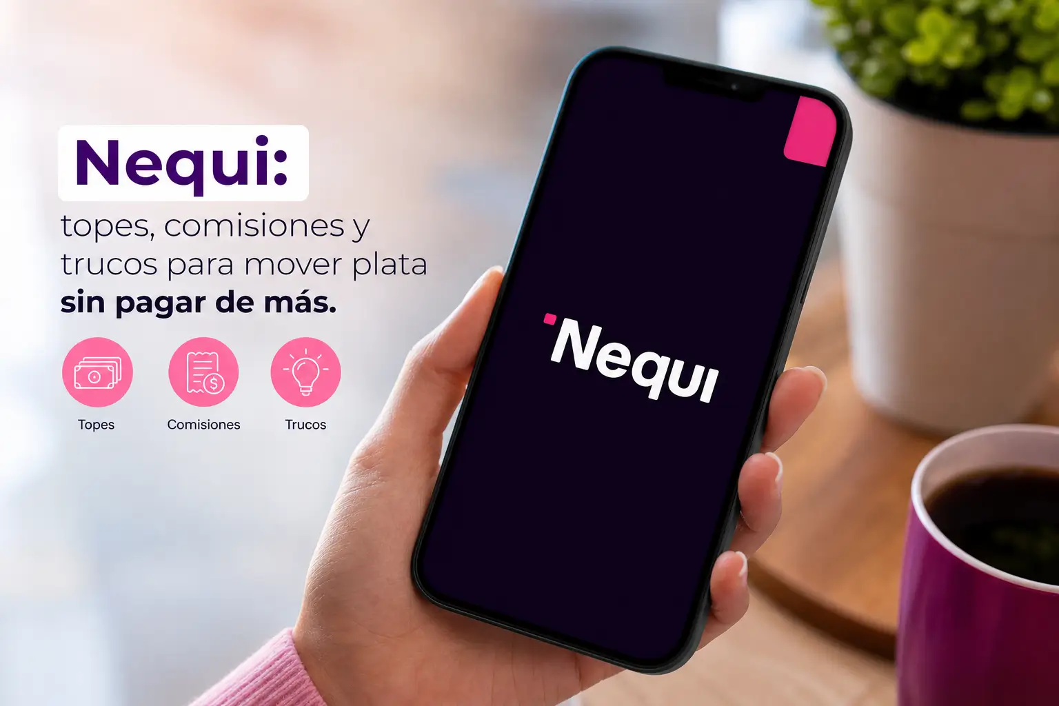 Pessoa segurando smartphone com app Nequi na tela, texto em espanhol
