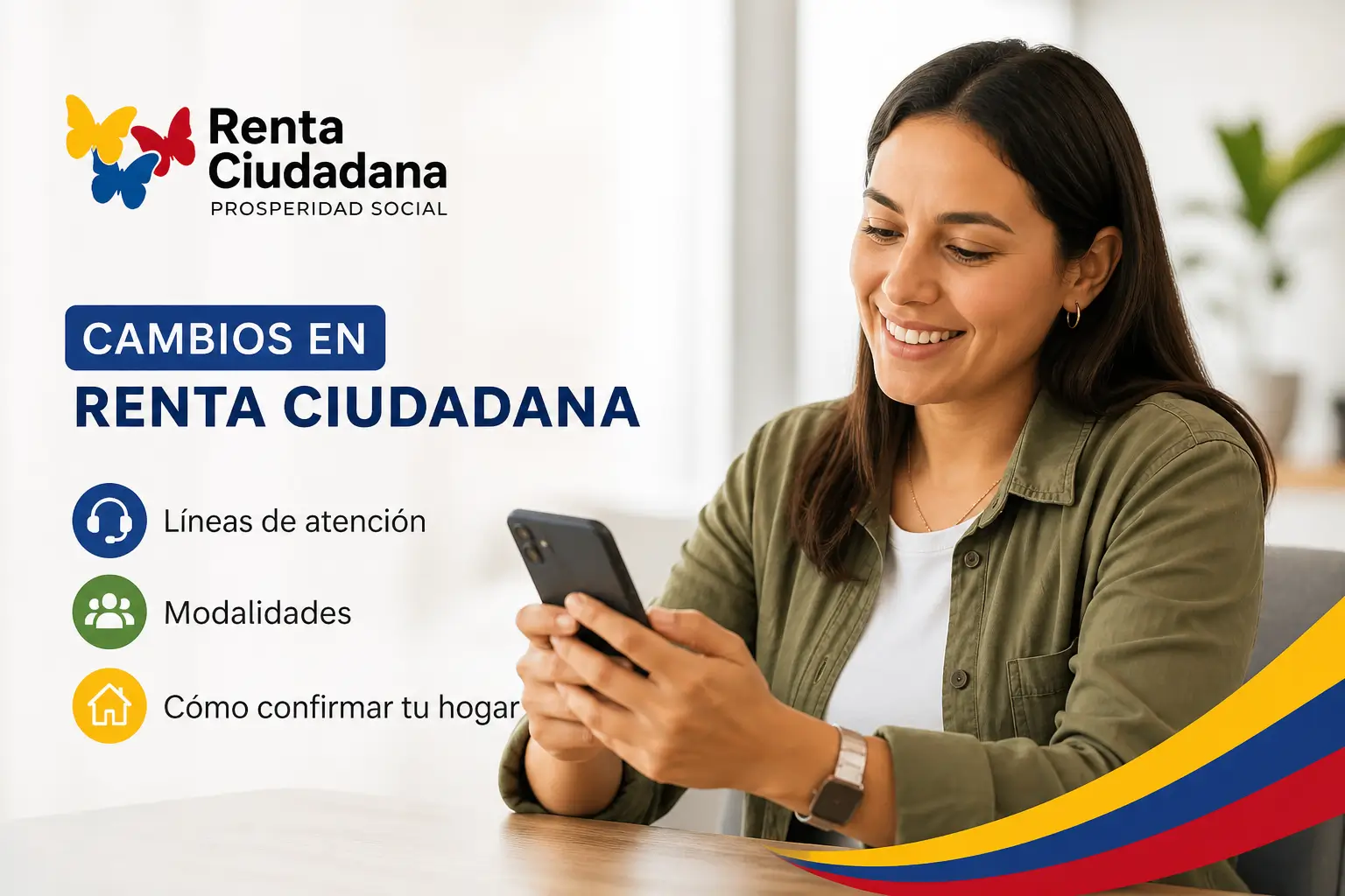 Mulher sorridente usando smartphone na campanha Renta Ciudadana 2026