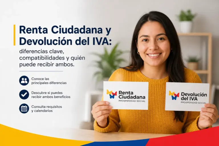 Mulher segurando cartões de Renda Ciudadana e Devolução do IVA