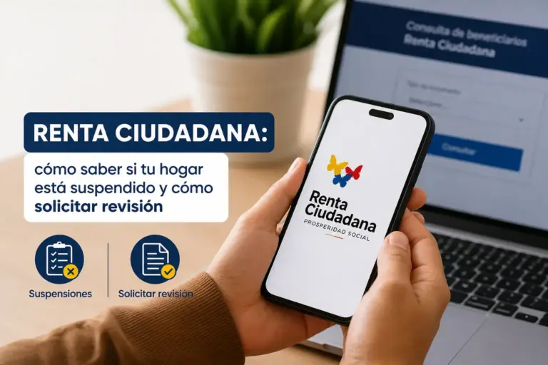 Smartphone com logo Renta Ciudadana e laptop com página governamental