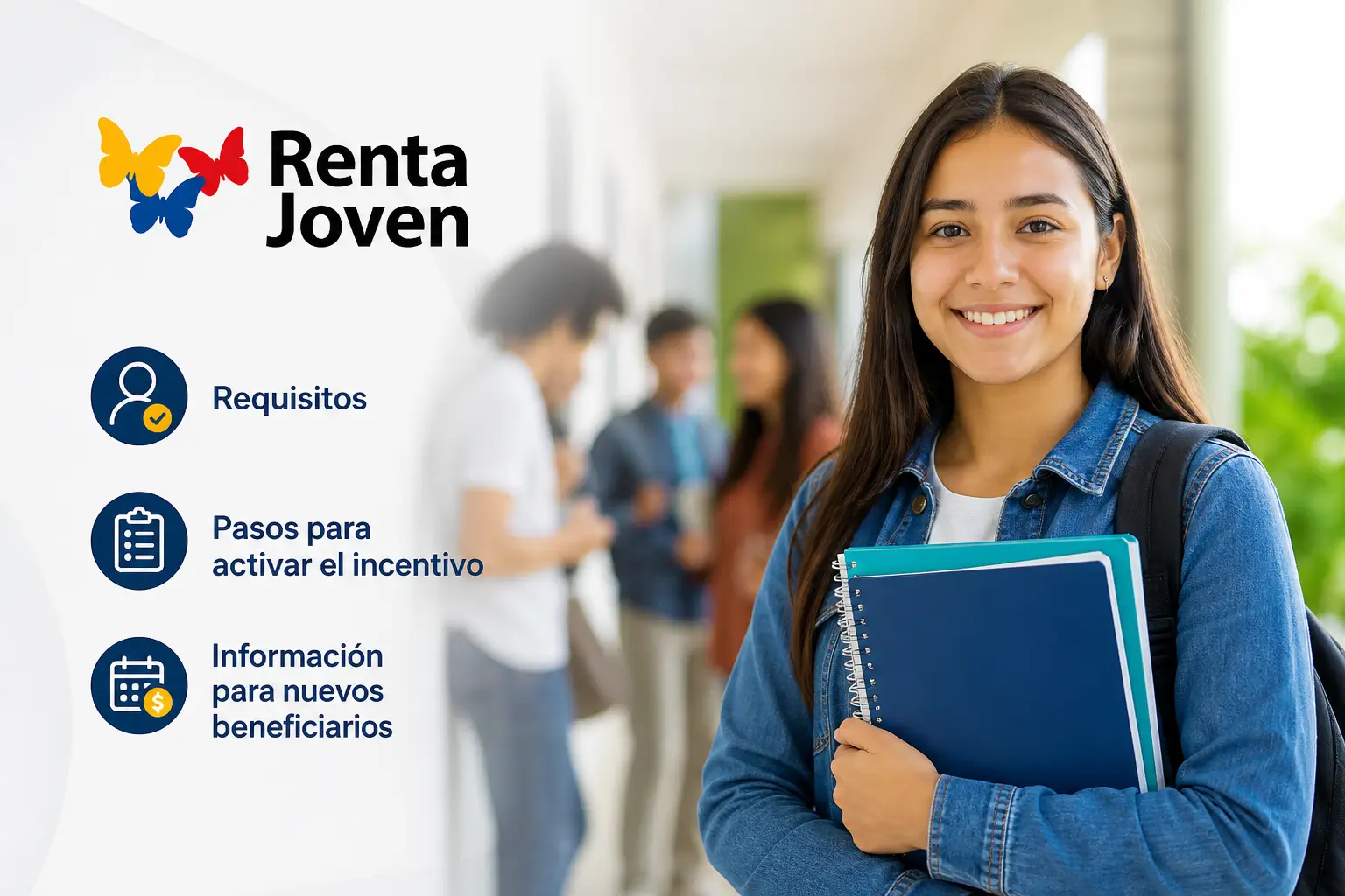 Jovem com mochila em universidade, texto Renta Joven